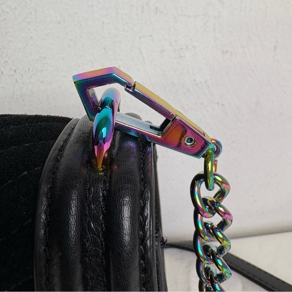 Rebecca Minkoff Oil Slick Suede Iridescent Love Chevron Quilted Crossbody Bag - Picture 11 of 16